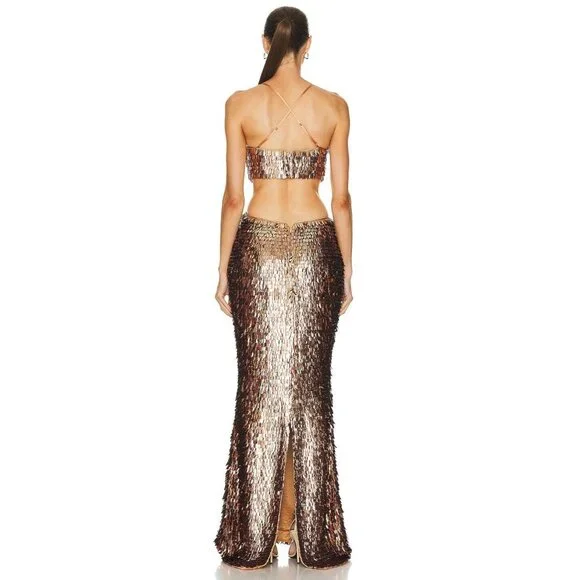 retrofete Miko Cut Out Sequin Maxi Dress Bronze & Gold Womens Size Small